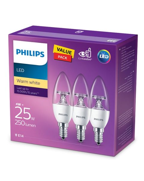 Philips LED Non Dimmable Corepro candle WW ND 4W E14 Clear 3PCS