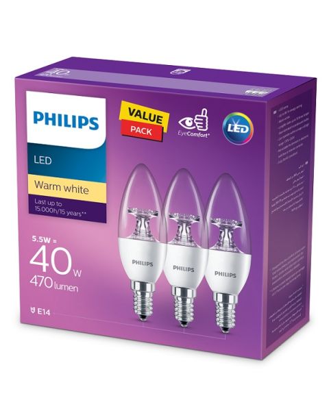  Philips LED Non Dimmable Corepro candle WW ND 5.5W E14 Clear 3PCS