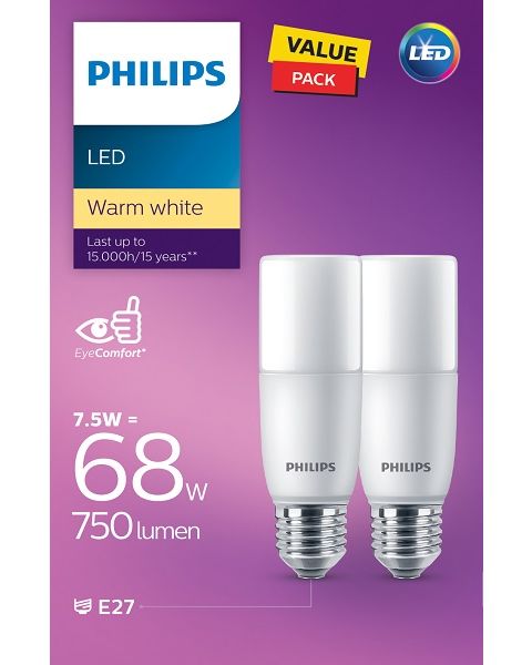 Philips LED Non Dimmable Stick 7.5W E27 3000K 2PCS