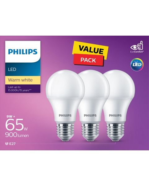 Philips LED Non Dimmable Bulb 9W E27 3000K 3PCS (PHI-929002299286)