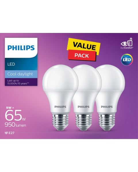 Philips LED Non Dimmable Bulb 9W E27 6500K 3PCS
