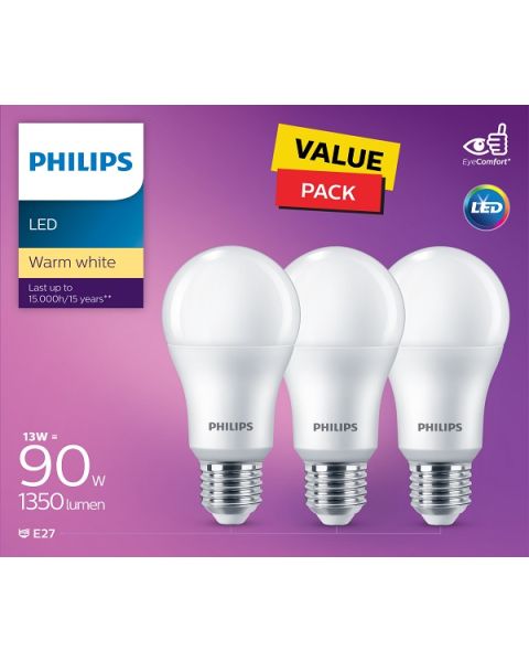 Philips LED Non Dimmable Bulb 13W E27 3000K 3PCS (PHI-929002305086)