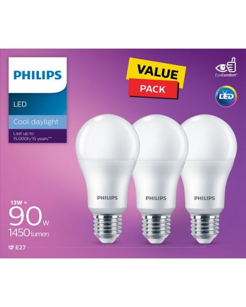 Philips LED Non Dimmable Bulb 13W E27 6500K 3PCS