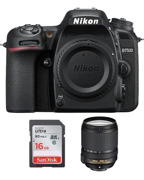 كاميرا نيكون D7500 هيكل فقط  (VBA510AM) + عدسة نيكون AF-S VR 18-140 + بطاقة ذاكرة 16 جيجابايت