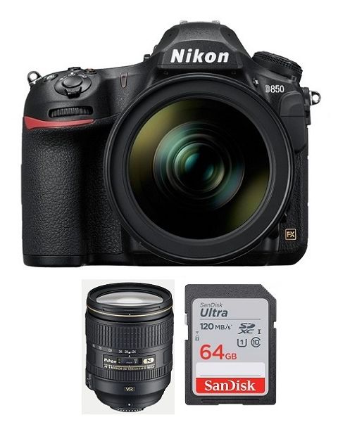 نيكون دي850 كاميرا، هيكل فقط، 45.7 ميجابكسل (VBA520AM) + بطاقة ذاكرة 64 جيجابايت + بطاقة عضوية من نيكون للعملاء +  عدسة 24-120