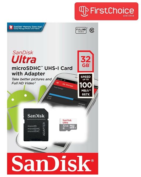 SanDisk Ultra microSDHC 32GB + SD Adapter 100MB/s Class 10 UHS-I (SDSQUNR-032G-GN3MA)