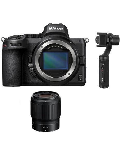 كاميرا نيكون Z5 بدون مرآة (VOA040AM) + عدسة نيكون 50مم f/1.8  + زيون SMOOTH-Q2 مثبت الجوال + بطاقة عضوية