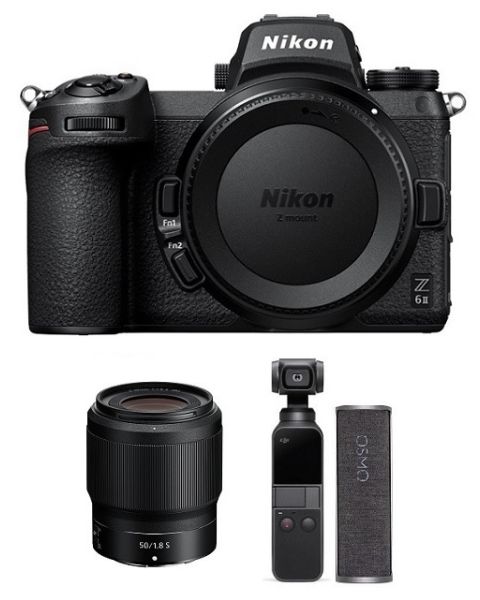 كاميرا نيكون Z6 ii  + عدسة 50مم f/1.8 S + كاميرا DJI أوسمو بوكيت + شاحن اوسمو بوكيت + بطاقة عضوية (VOA060AM)