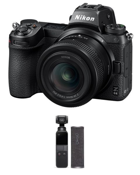 كاميرا نيكون Z6 ii اطار كامل بدون مرآة مع عدسة 24-120 + كاميرا DJI أوسمو بوكيت + شاحن اوسمو بوكيت (VOK060WM)